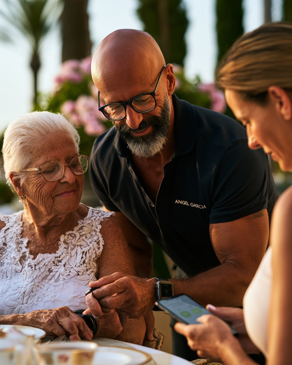 Angel Garcia sets up the AVELORA health watch for an elderly lady while her daughter sees the readings in the app